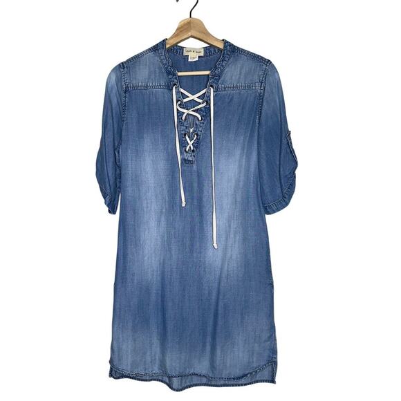 Cloth & Stone Anthropologie Chambray Lace Up Tunic Dress Blue Pockets Size Small - Picture 1 of 6